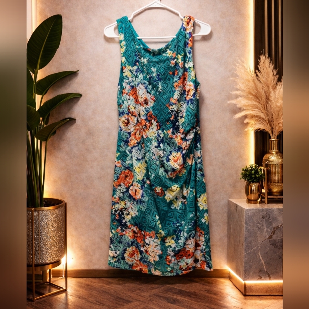 NWOT Bisou Bisou 14 Teal and Orange Floral Midi Dress